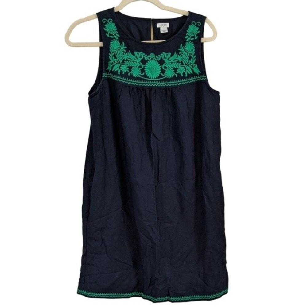 J. Crew Linen cotton blend summer embroidered baby doll dress navy green size S